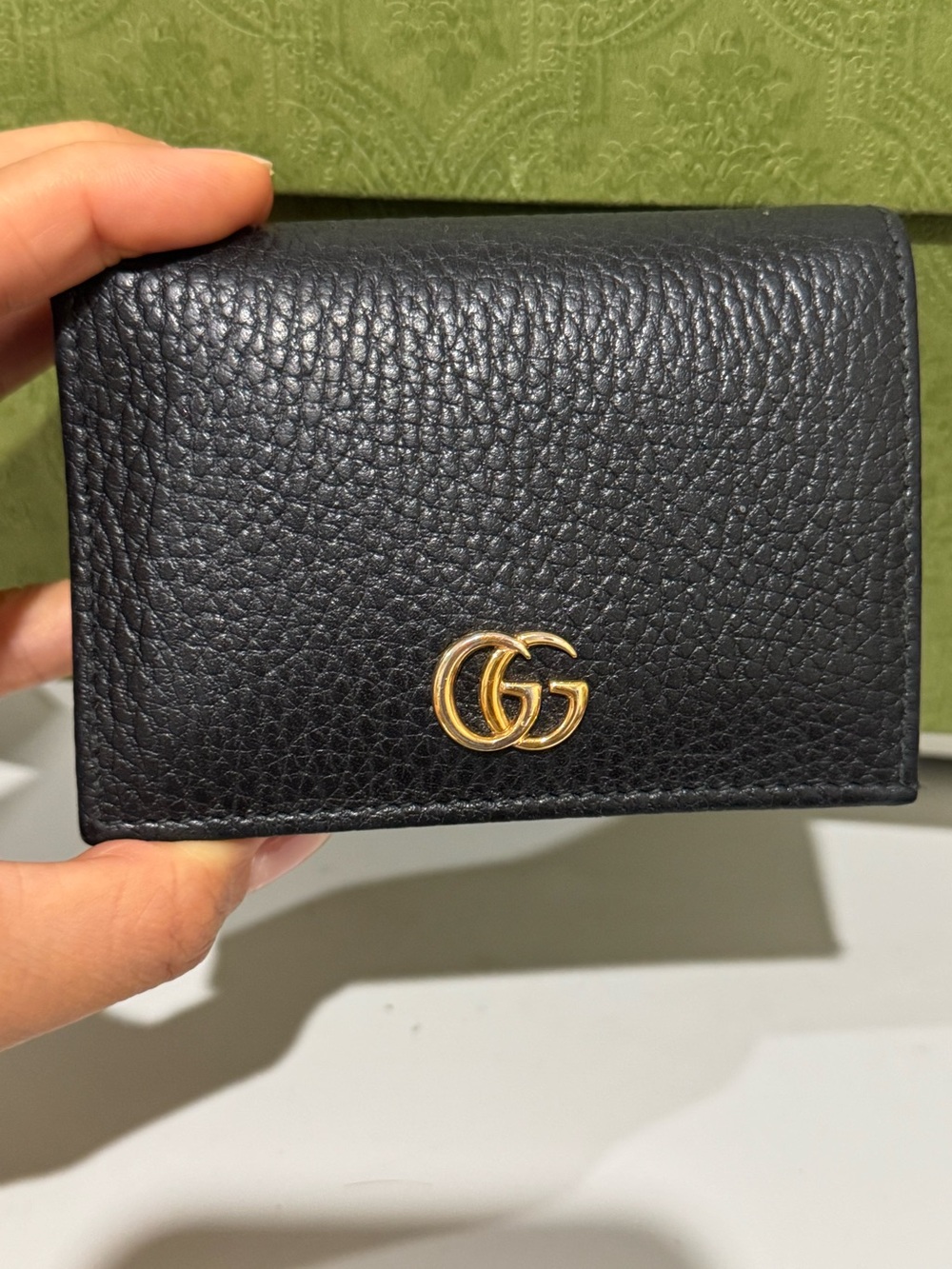 Authentic Gucci Black Pebbled Leather Card Holder with Gold GG Logo